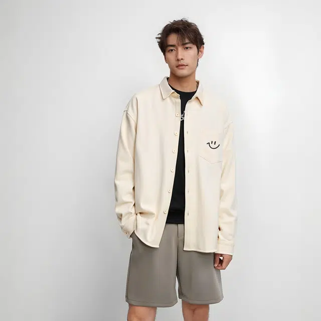 棉致 弯嘴笑脸简约纯色细斜纹肌理手感挺阔内里复合摇粒绒加绒加厚长袖衬衫 男女同款