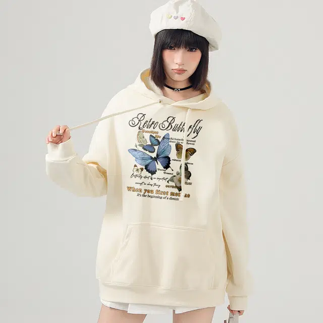 棉致 美式复古蝴蝶博物馆印花宽松连帽慵懒休闲上衣女纯色设计感小众外套卫衣 男女同款