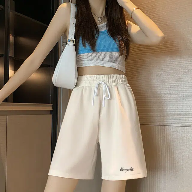 棉致 美式简约潮流个性字母印花纯色系带弹性舒适吸湿透气纯棉轻薄宽松基础通勤五分休闲短裤 女款