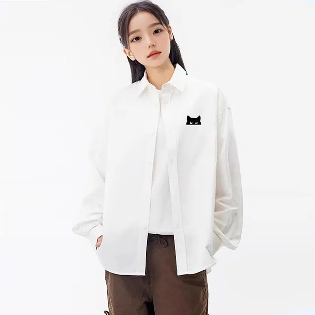 棉致 躲藏黑猫纯色简约高级感正装休闲通勤内搭宽松长袖衬衫 男女同款