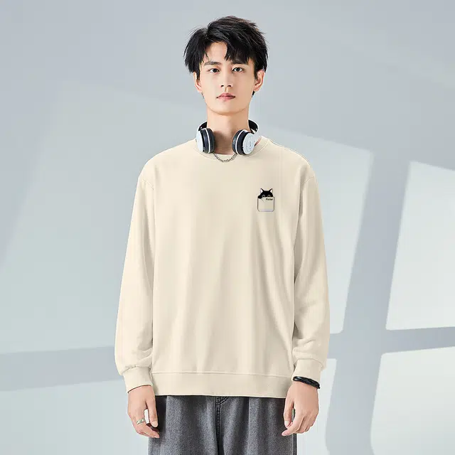 棉致 黑猫口袋基础时尚通勤舒适简约套头内穿外搭美式羊羔绒百搭重磅秋冬御寒高级感微落肩圆领卫衣 男女同款