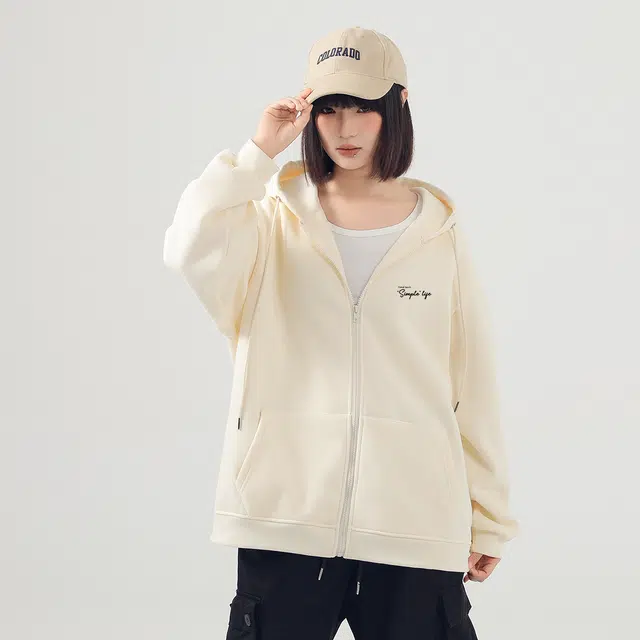 棉致 创意字母简约纯色牛奶丝抗皱无性别主义美式街头时尚舒适宽松休闲拉链开衫连帽卫衣 男女同款