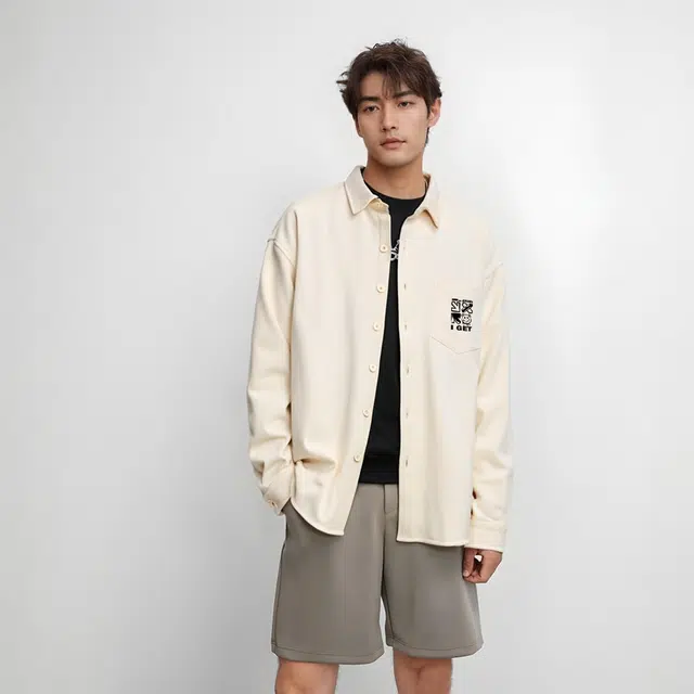 棉致 涂鸦小熊简约纯色加绒加厚长袖衬衫 男女同款