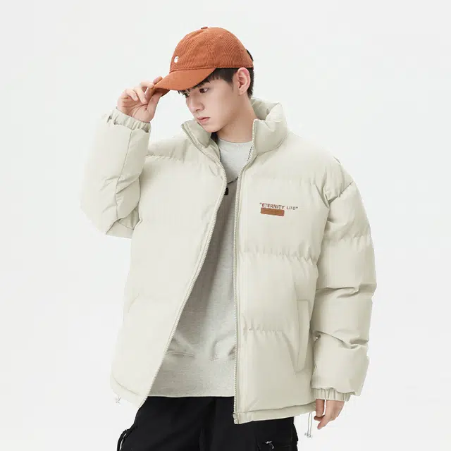 棉致 标签字母简约纯色无性别主义亲肤舒适时尚潮流基础宽松休闲拉链开衫御寒保暖立领面包棉服 男女同款