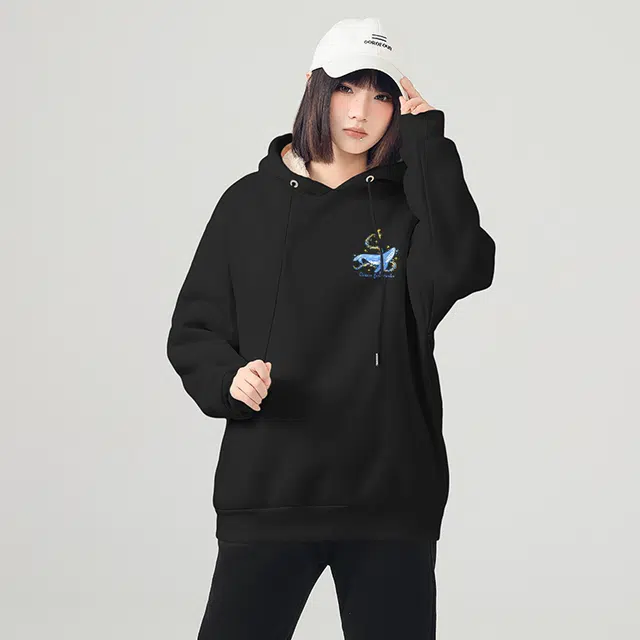 棉致 无性别主义韩系浪漫海洋鲸鱼加绒加厚款连帽宽松小众长袖卫衣 女款