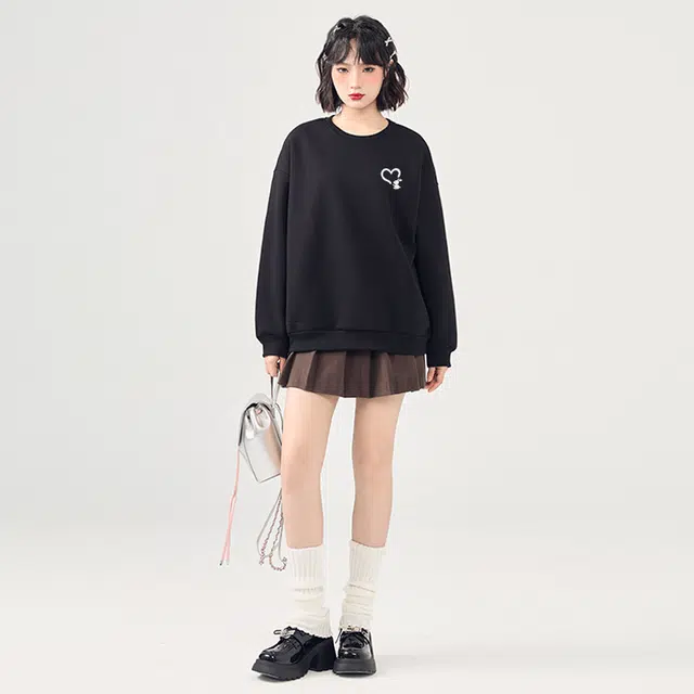 棉致 简约设计感爱心兔子薄款宽松慵懒卫衣 女