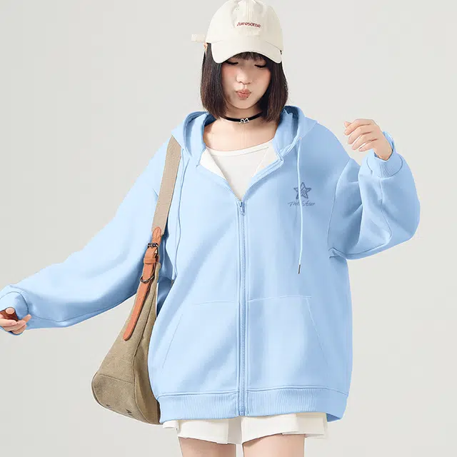 棉致 线条蓝爱心简约牛奶丝复合抗皱无性别主义美式宽松落肩通勤时尚休闲外套加绒拉链开衫卫衣 男女同款