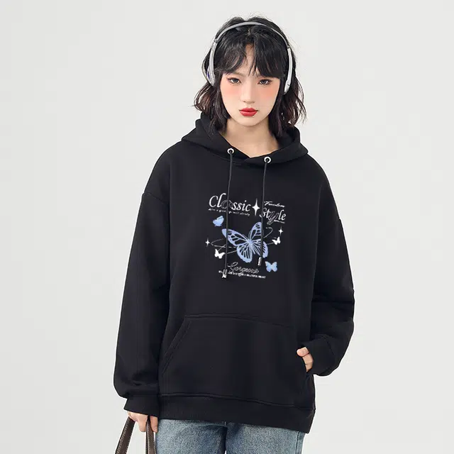 棉致 闪耀蝴蝶涂鸦潮流时尚创意百搭学院风日常通勤落肩宽松柔软舒适套头连帽卫衣 男女同款