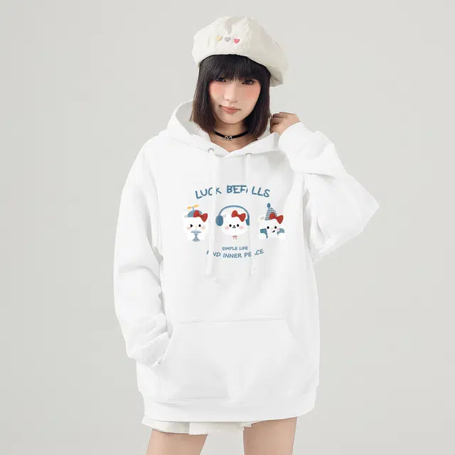 棉致 度假卡通小熊涂鸦潮流时尚创意百搭休闲简约柔软舒适套头连帽长袖卫衣 女款