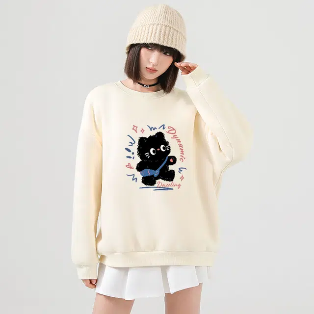 棉致 活力小猫涂鸦百搭创意时尚简约羊羔绒加绒加厚柔软细腻保暖舒适休闲日常圆领长袖卫衣 男女同款
