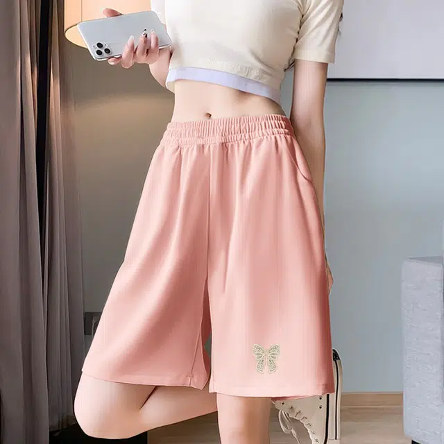 棉致 蕾丝蝴蝶结简约纯色系带弹性舒适吸湿透气纯棉宽松基础通勤时尚五分休闲短裤 男女同款