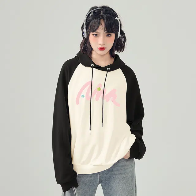 棉致 简约线条粉色花朵插肩撞色连帽春秋薄款潮牌女休闲宽松上衣卫衣 女款