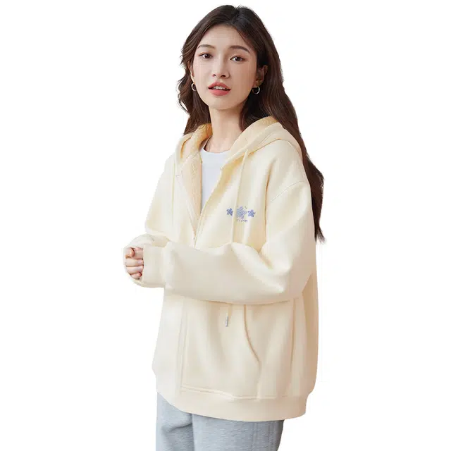 棉致 幸运蓝星纯色仿羊羔绒外套无性别主义秋冬季加绒开衫学生加厚棉上衣卫衣 男女同款