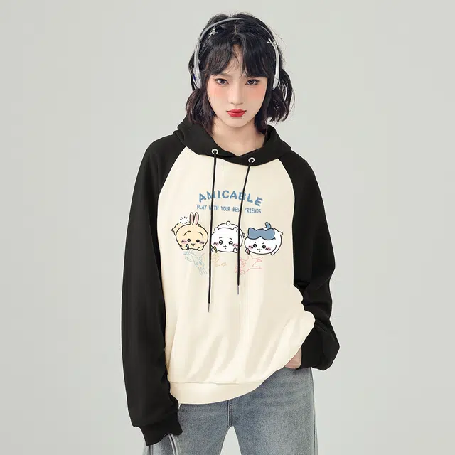 棉致 动物图案聚会猫狗插肩撞色连帽薄款潮牌休闲宽松卫衣 女款