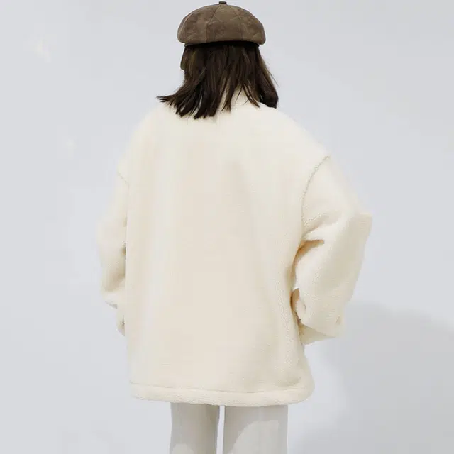 棉致 纯色简约立领宽松保暖柔软抗皱仿羊羔绒开衫夹克外套 男女同款