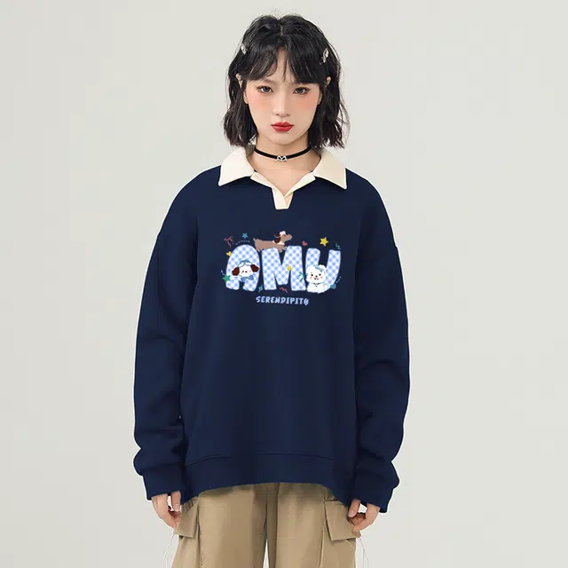 棉致 潮流百搭格纹小狗涂鸦翻领撞色学院风柔软舒适亲肤宽松落肩长袖卫衣 女款