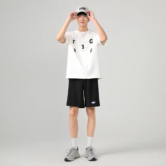 棉致 纯色爱心涂鸦简约宽松直筒透气运动五分休闲短裤 男女同款