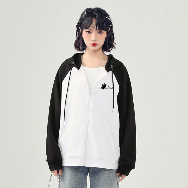 棉致 跳舞喵喵涂鸦百搭时尚休闲简约潮流个性美式撞色插肩宽松弹力柔软舒适拉链开衫连帽外套卫衣 男女同款