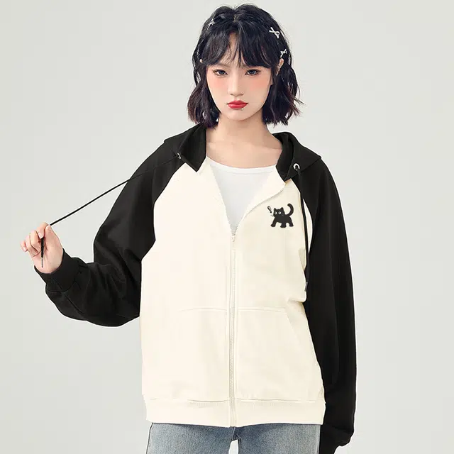 棉致 惊叹猫简约无性别主义美式撞色插肩时尚休闲宽松弹力吸湿透气拉链开衫外套连帽卫衣 男女同款
