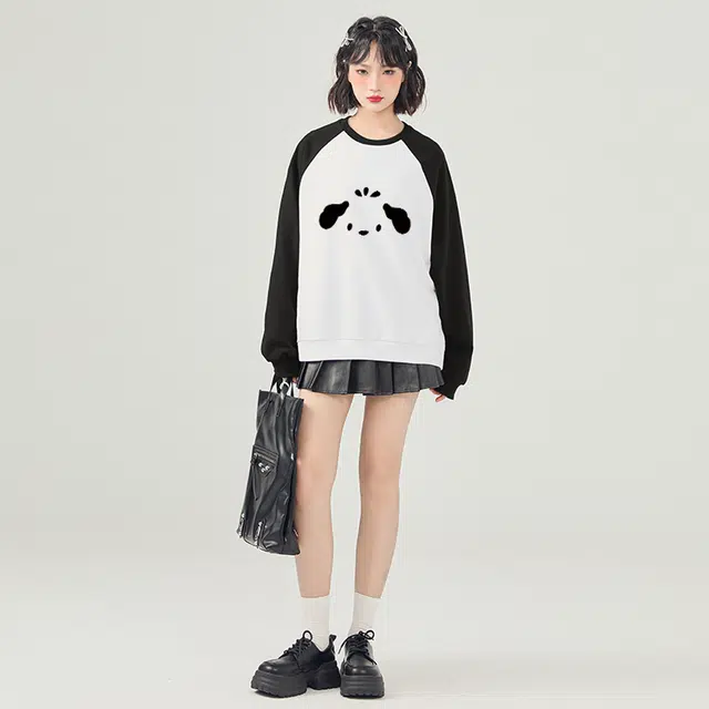 棉致 小狗耳朵涂鸦时尚百搭潮流个性撞色拼色插肩休闲简约无性别主义舒适柔软圆领长袖卫衣 男女同款
