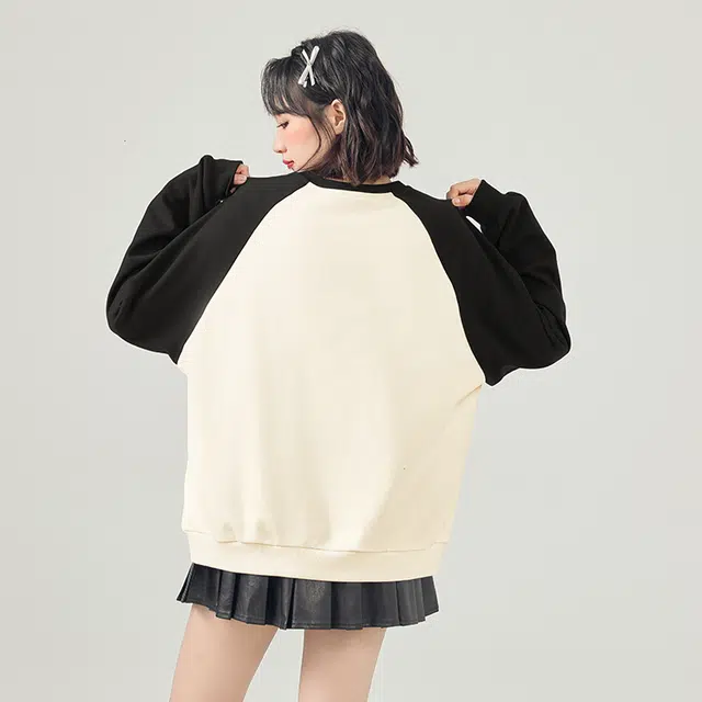 棉致 毛绒熊猫撞色拼色插肩简约时尚基础休闲百搭无性别主义美式柔软舒适吸湿透气圆领长袖卫衣 男女同款