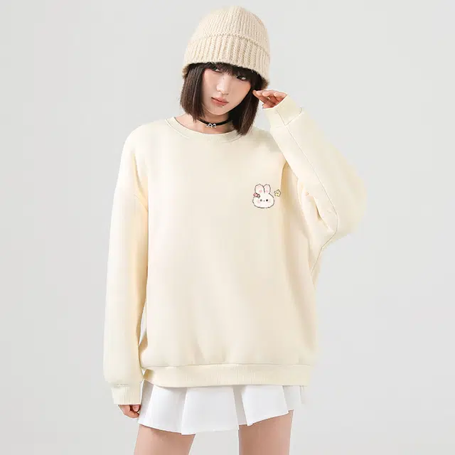 棉致 星星小兔涂鸦百搭创意时尚简约羊羔绒加绒加厚柔软细腻保暖舒适休闲日常圆领长袖卫衣 男女同款