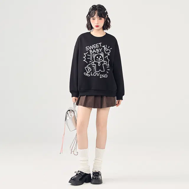 棉致 韩系小众设计线条猫咪潮宽松慵懒卫衣 女