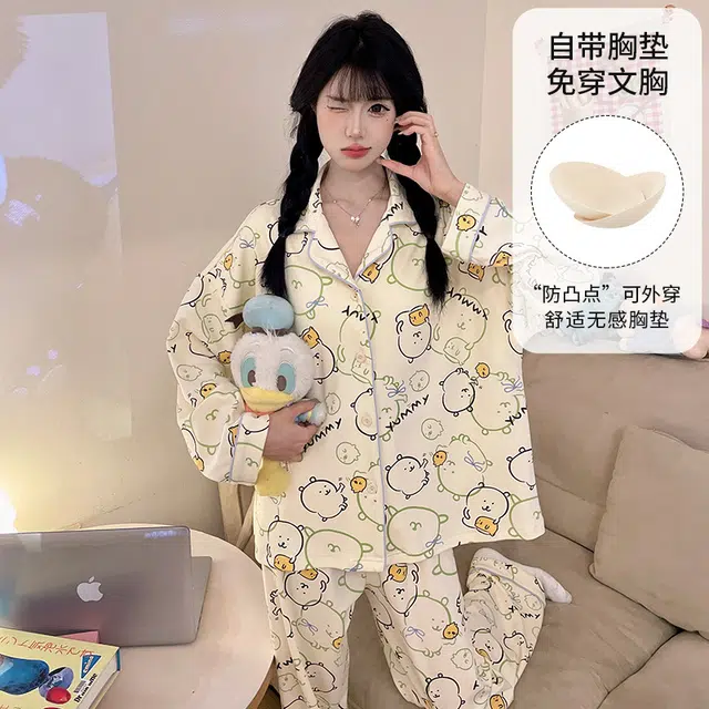 米囹 带胸垫春秋冬季女开衫卡通可爱家居服两件套睡衣套装 女款