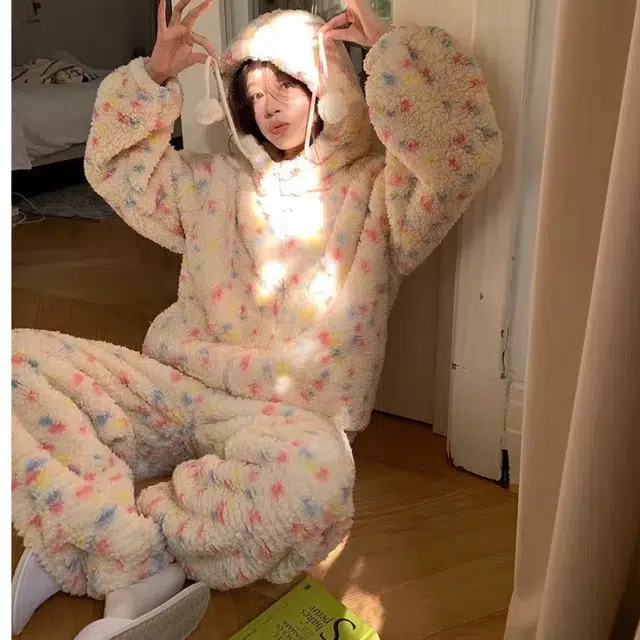 米囹 秋冬季羊羔绒拉链款连帽女士厚款珊瑚绒保暖大码家居服睡衣套装 女款