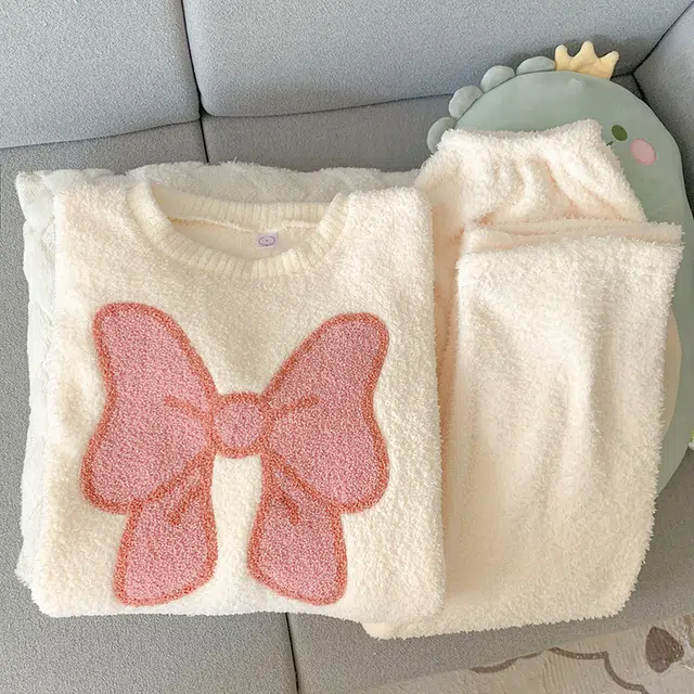 米囹 米白蝴蝶结圆领套头冬季女半边绒保暖珊瑚绒家居服睡衣套装 女款