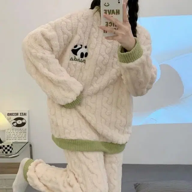 米囹 秋冬季女珊瑚绒加绒加厚简约休闲家居服款可外穿睡衣套装 女款