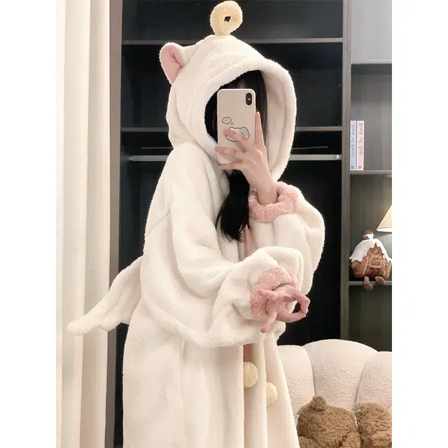 米囹 网红简约白色天使加厚珊瑚绒睡衣女冬季法兰绒家居服外穿睡袍 女款