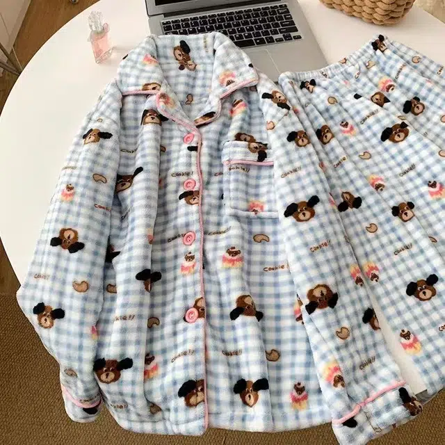 米囹 法兰绒女冬季加厚保暖甜美可爱珊瑚绒开衫翻领家居服睡衣套装 女款