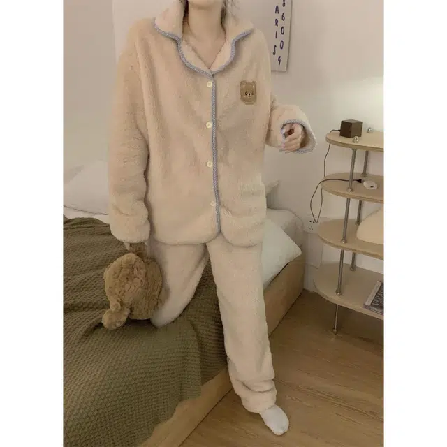 米囹 秋冬季珊瑚绒加绒加厚可外穿法兰绒家居服睡衣套装 女款