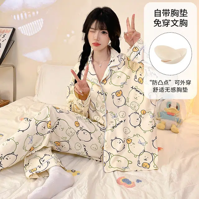 米囹 带胸垫春秋冬季女开衫卡通可爱家居服两件套睡衣套装 女款