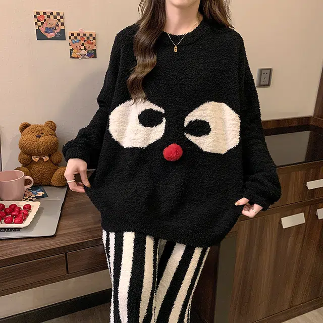 米囹 冬季圆领套头半边绒女卡通甜美保暖家居服两件套睡衣套装 女款