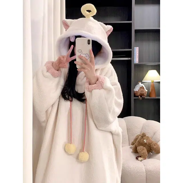 米囹 网红简约白色天使加厚珊瑚绒睡衣女冬季法兰绒家居服外穿睡袍 女款