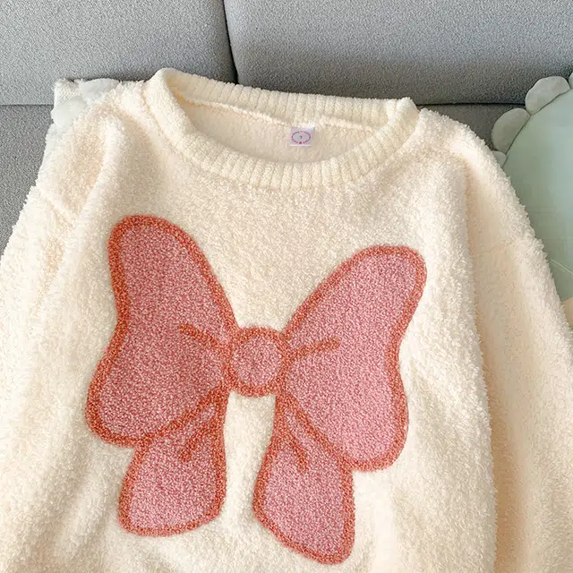 米囹 米白蝴蝶结圆领套头冬季女半边绒保暖珊瑚绒家居服睡衣套装 女款