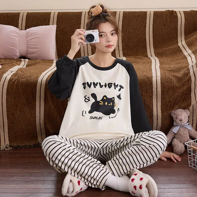 米囹 带胸垫女春秋季纯棉长袖薄款可爱卡通学生秋冬款家居服两件套睡衣套装 女款