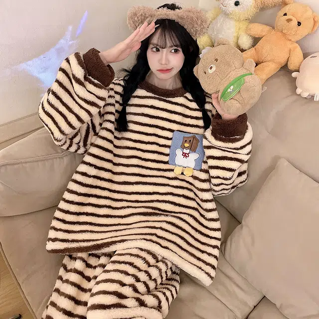 米囹 法兰绒冬季秋冬加厚加绒粉色毛绒学生冬天珊瑚绒家居服女睡衣套装 女款