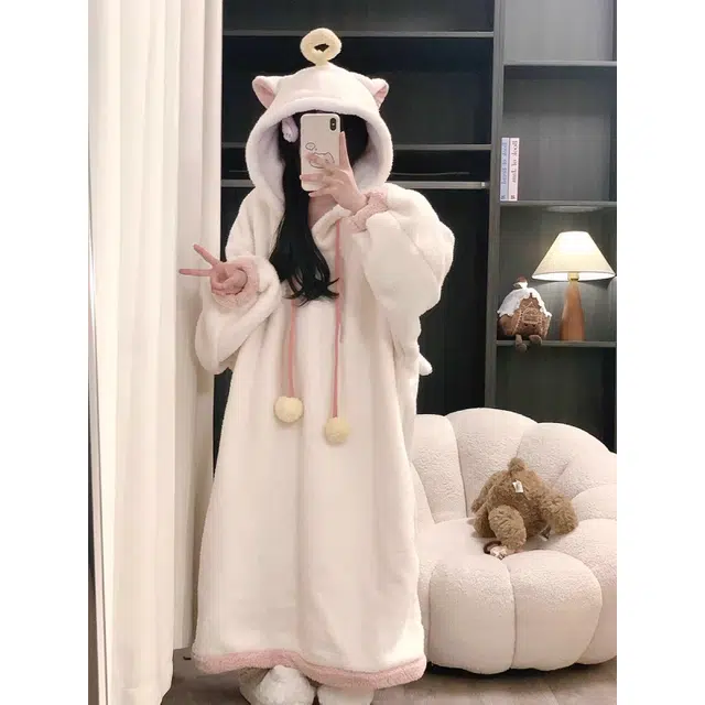 米囹 网红简约白色天使加厚珊瑚绒睡衣女冬季法兰绒家居服外穿睡袍 女款