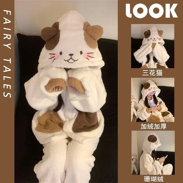 米囹 可爱小猫咪连帽珊瑚绒女冬季加绒加厚保暖冬天家居服睡衣套装 女款