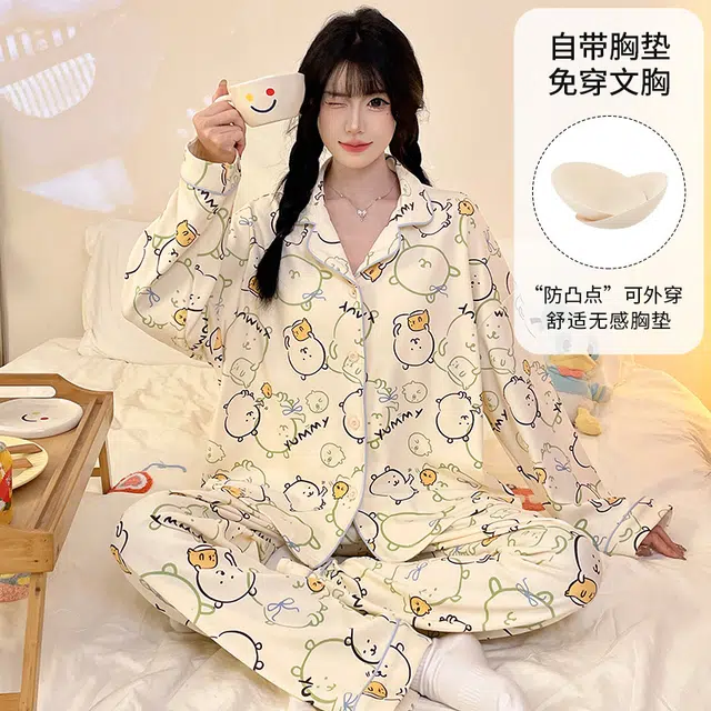 米囹 带胸垫春秋冬季女开衫卡通可爱家居服两件套睡衣套装 女款