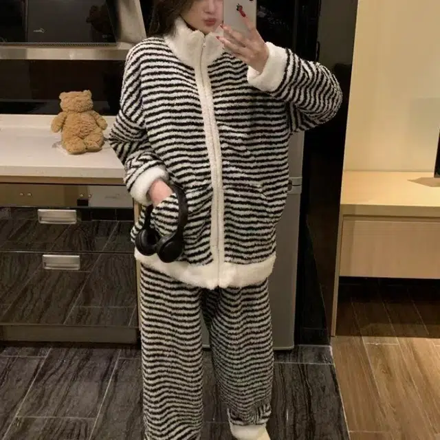 米囹 秋冬季半边绒拉链款厚款女士珊瑚绒保暖家居服大码睡衣套装 女款