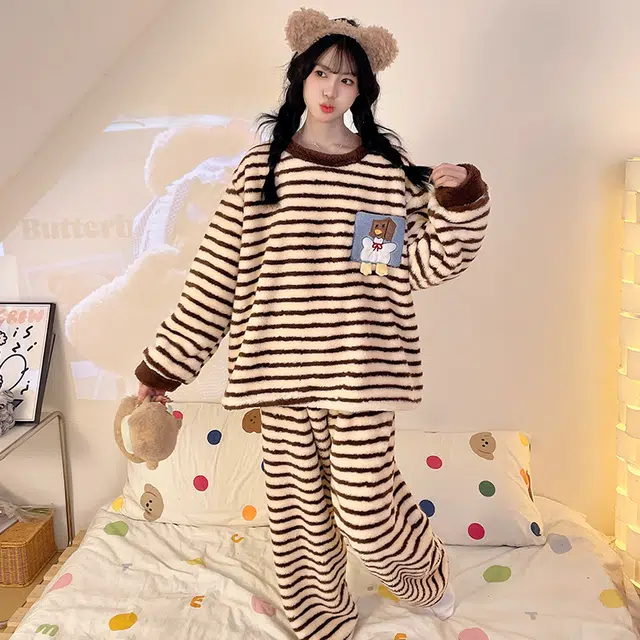 米囹 法兰绒冬季秋冬加厚加绒粉色毛绒学生冬天珊瑚绒家居服女睡衣套装 女款