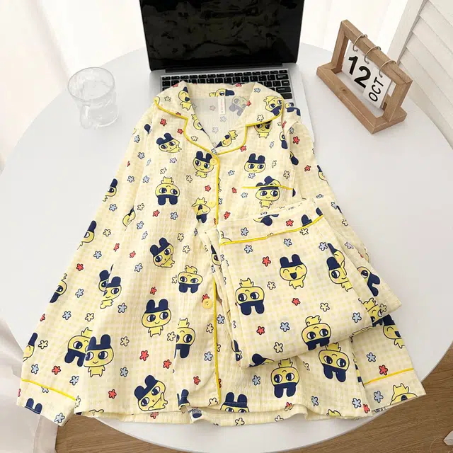 米囹 翻领开衫秋季女卡通可爱格纹长袖长裤家居服两件套睡衣套装 女款