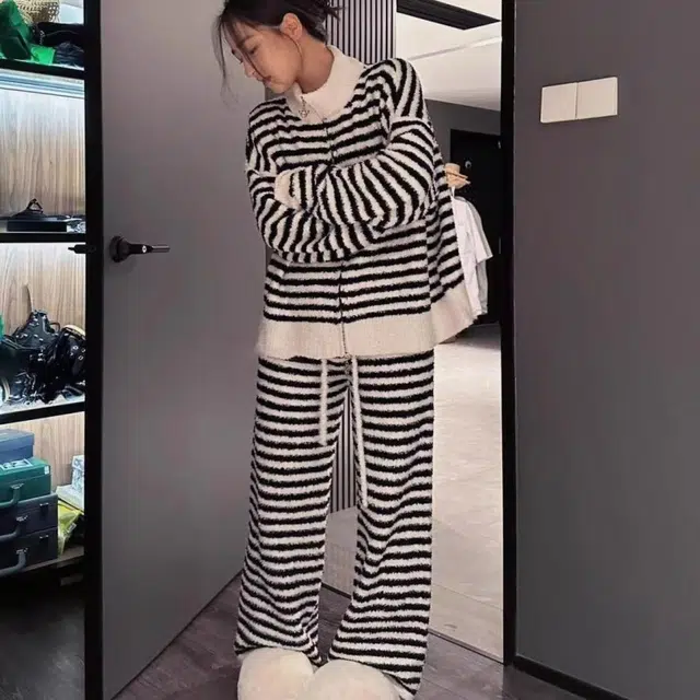 米囹 秋冬季半边绒拉链款厚款女士珊瑚绒保暖家居服大码睡衣套装 女款