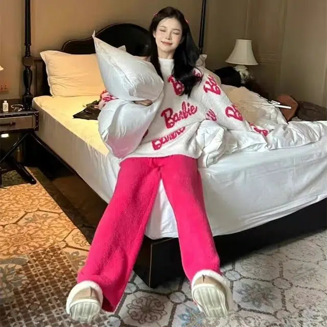 米囹 半边绒女秋冬季加绒加厚长袖字母设计珊瑚绒家居服两件套睡衣套装 女款