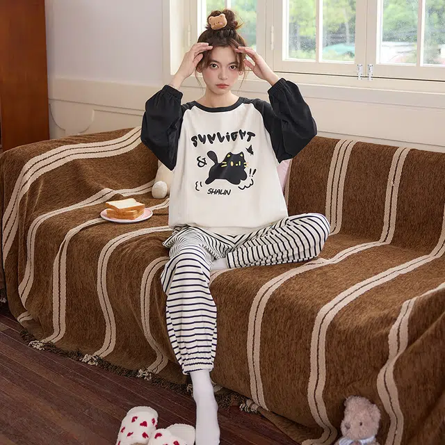 米囹 带胸垫女春秋季纯棉长袖薄款可爱卡通学生秋冬款家居服两件套睡衣套装 女款