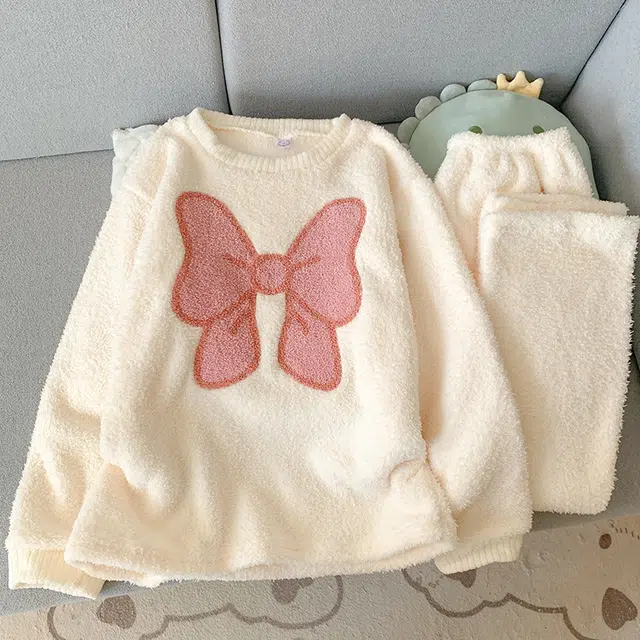 米囹 米白蝴蝶结圆领套头冬季女半边绒保暖珊瑚绒家居服睡衣套装 女款